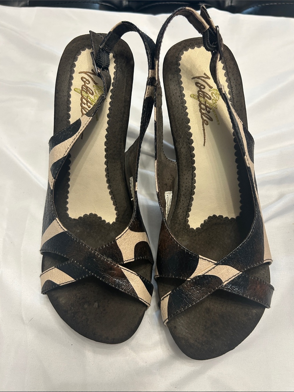 Volatile Brown and Beige Slingback Peep-Toe Wedges